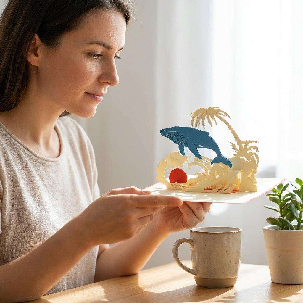 Pop-Up Karte 3D Reise Urlaub Gutschein – Buckelwal Grußkarte - Meer, Palmen & Sonne, LINPopUp - LINPopUp
