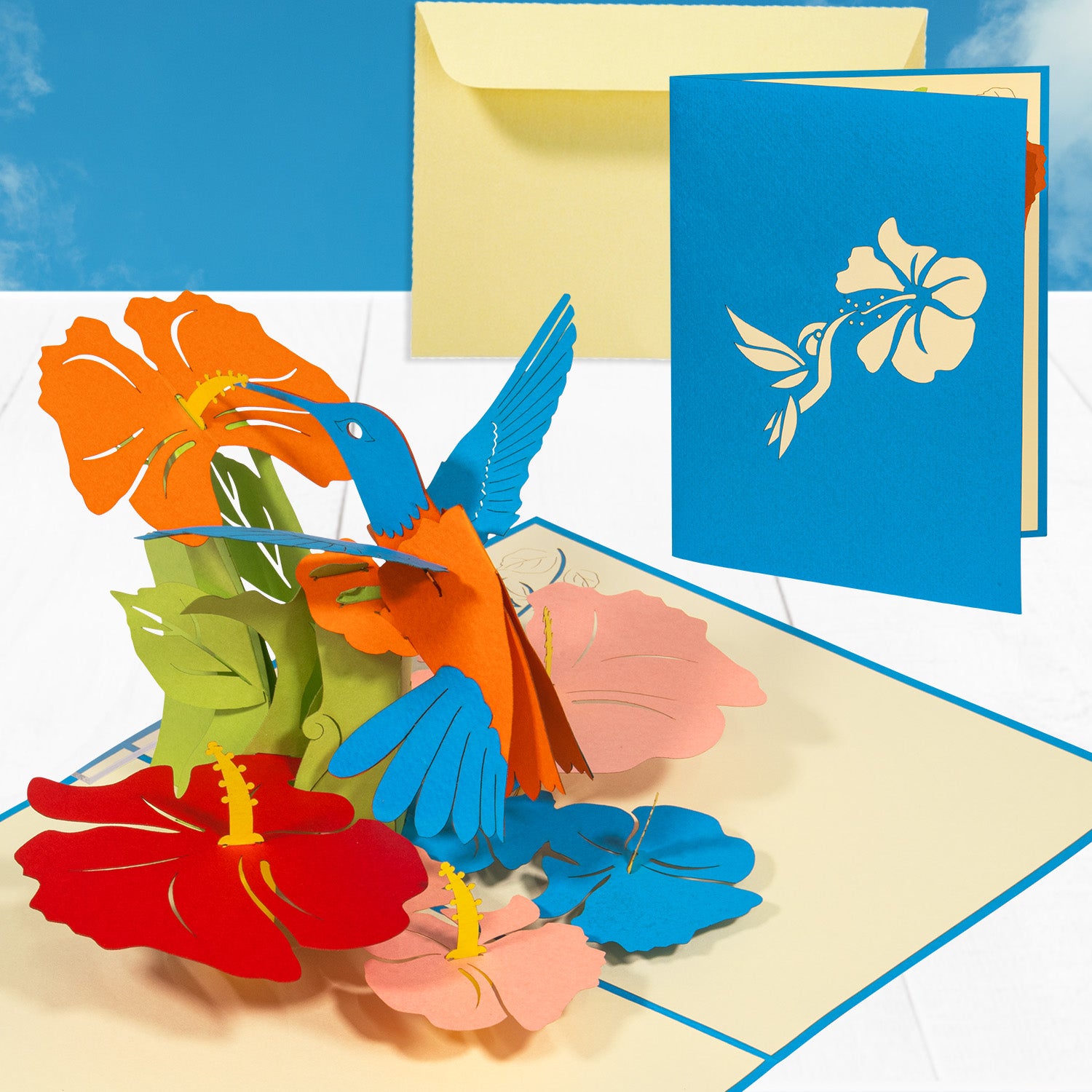3D Pop-Up Blumenkarte mit Kolibri – Vogel & bunte Blumen, N255