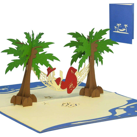 3D Pop-Up Karte Hängematte Strand Insel - Frau genießt Urlaub & Entspannung, N43 LINPopUp N43