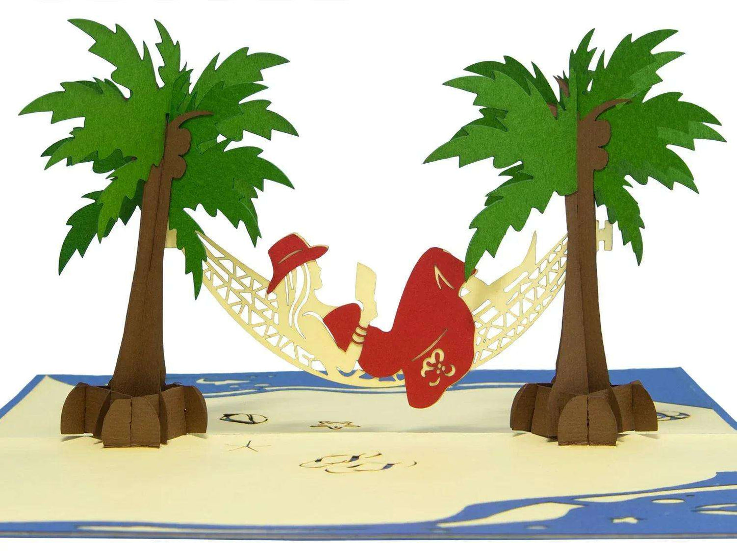 3D Pop-Up Karte Hängematte Strand Insel - Frau genießt Urlaub & Entspannung, N43 - LINPopUp