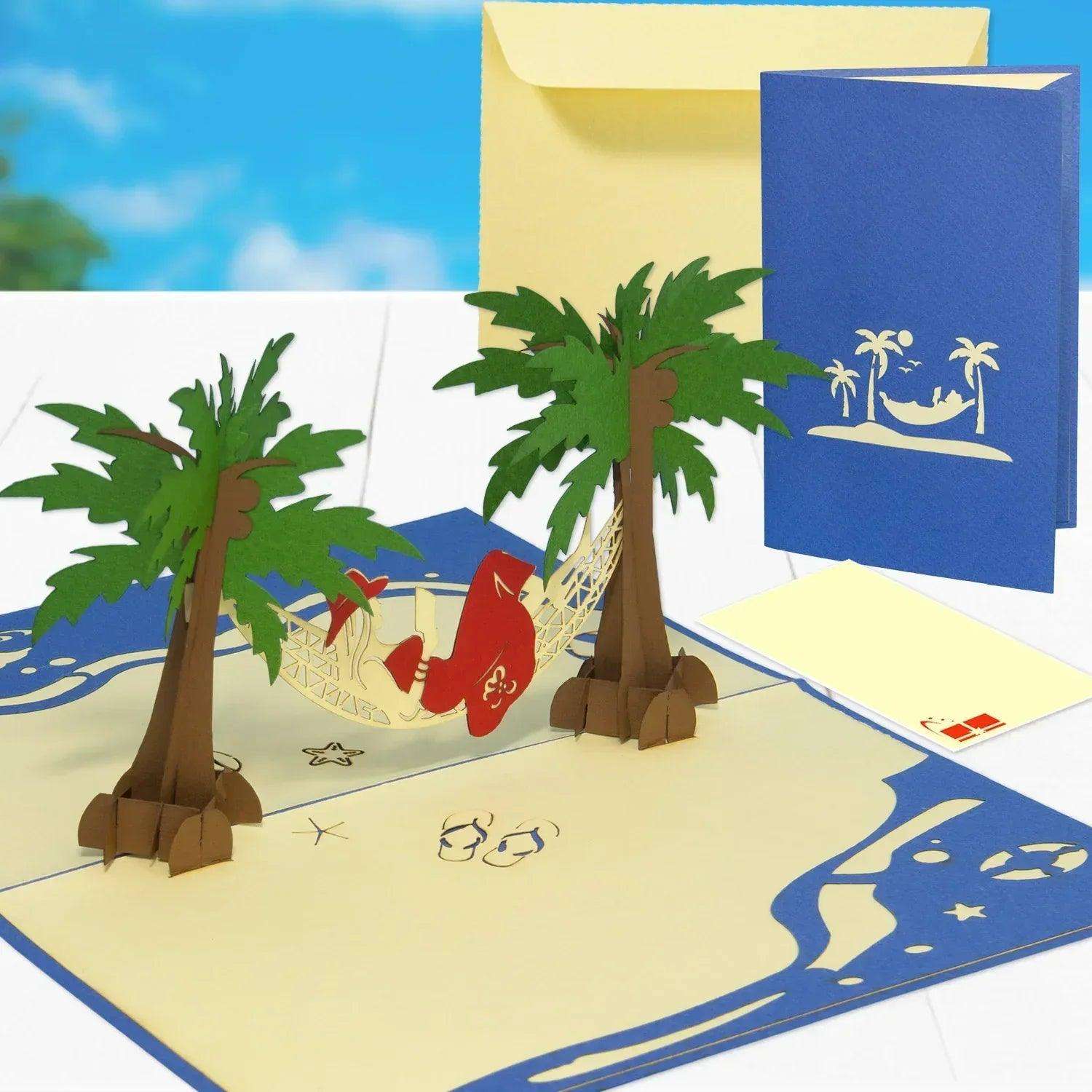 3D Pop-Up Karte Hängematte Strand Insel - Frau genießt Urlaub & Entspannung, N43 - LINPopUp