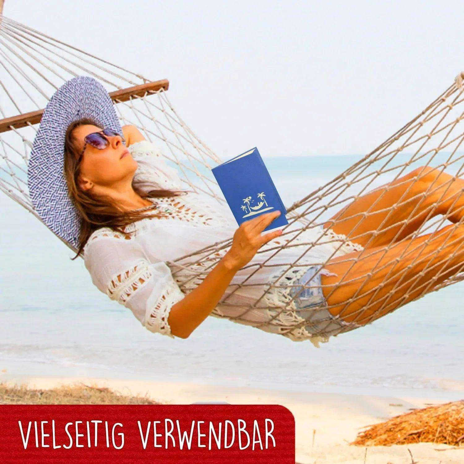 3D Pop-Up Karte Hängematte Strand Insel - Frau genießt Urlaub & Entspannung, N43 - LINPopUp