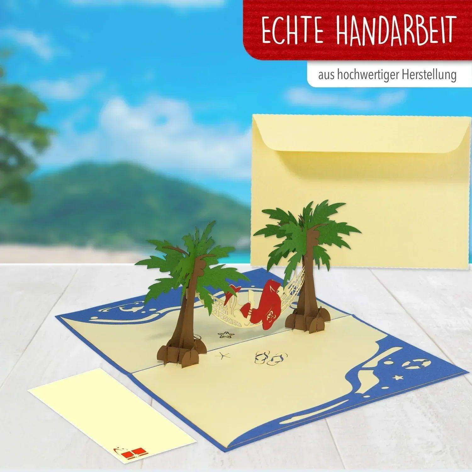 3D Pop-Up Karte Hängematte Strand Insel - Frau genießt Urlaub & Entspannung, N43 - LINPopUp