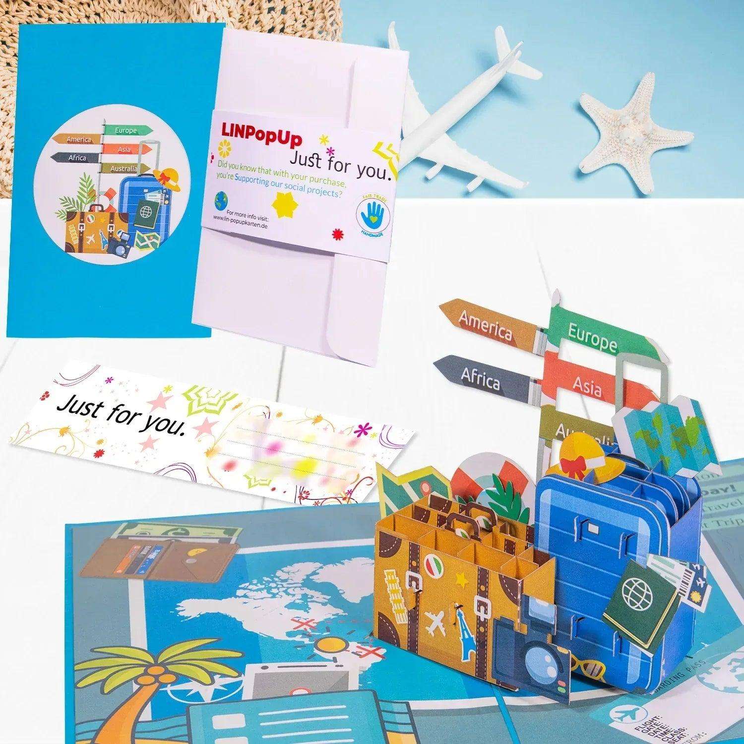 Pop-Up Karte Urlaub Reise – 3D Gutschein Grußkarte, Reisekoffer, N246 LINPopUp N246