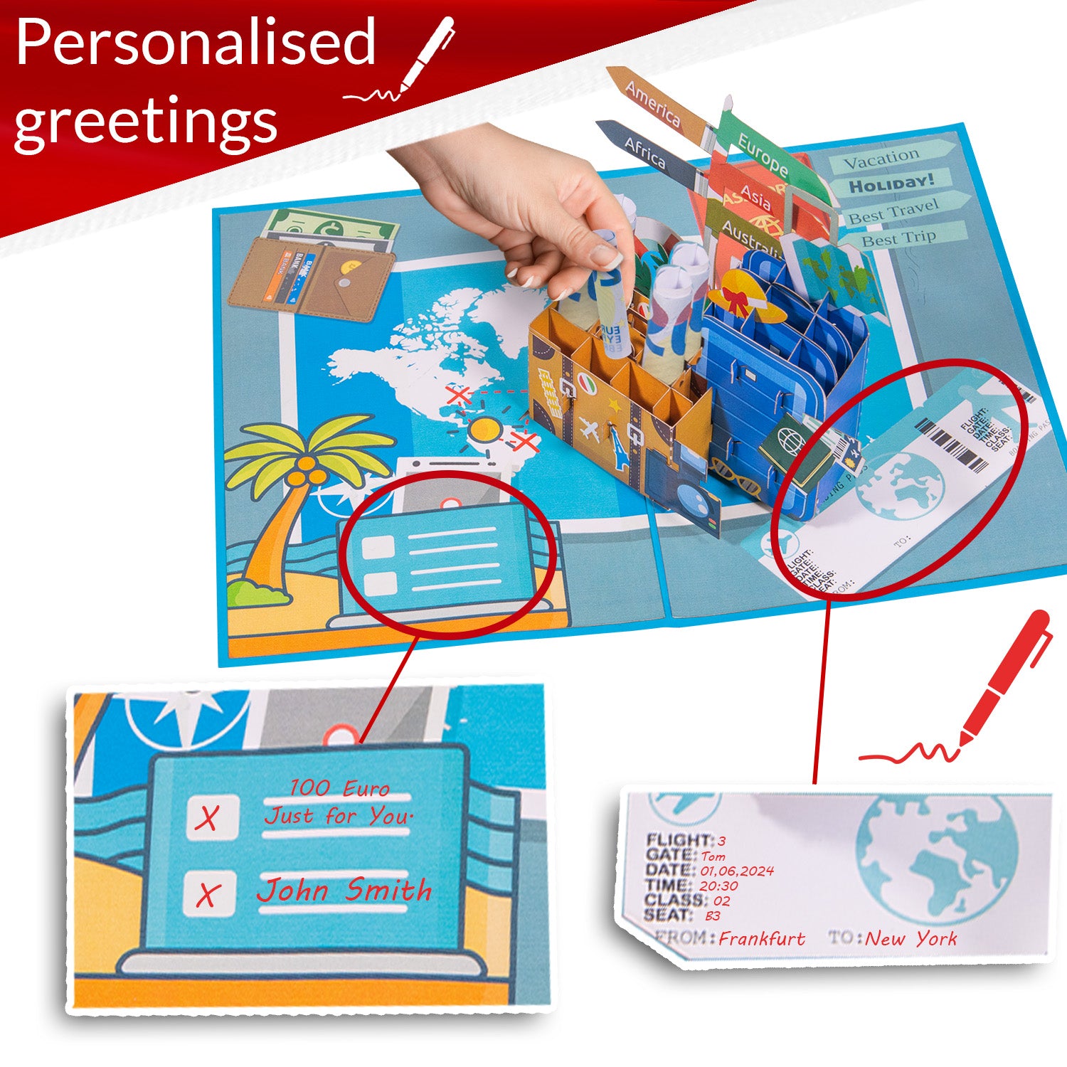 Pop-Up Karte Urlaub Reise – 3D Gutschein Grußkarte, Reisekoffer, N246