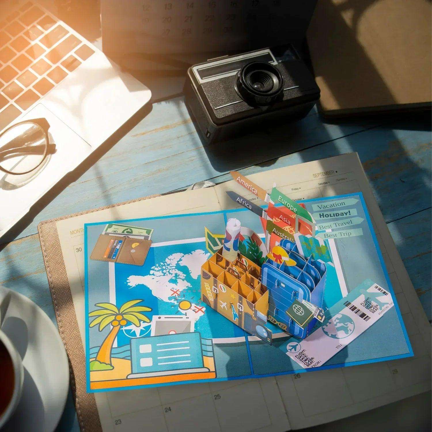 Pop-Up Karte Urlaub Reise – 3D Gutschein Grußkarte, Reisekoffer, N246 LINPopUp N246