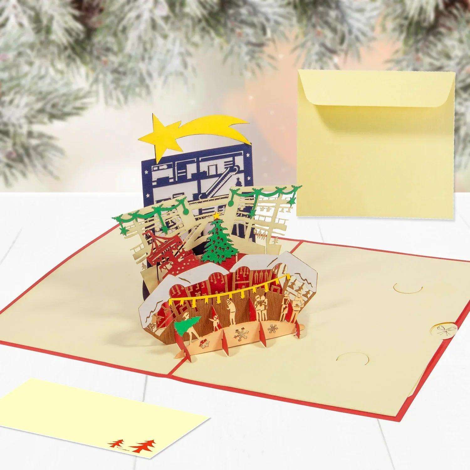 Pop Up Weihnachtskarte 3D - Weihnachtsbaum mit Weihnachtsmarkt & Stern, N463 - LINPopUp