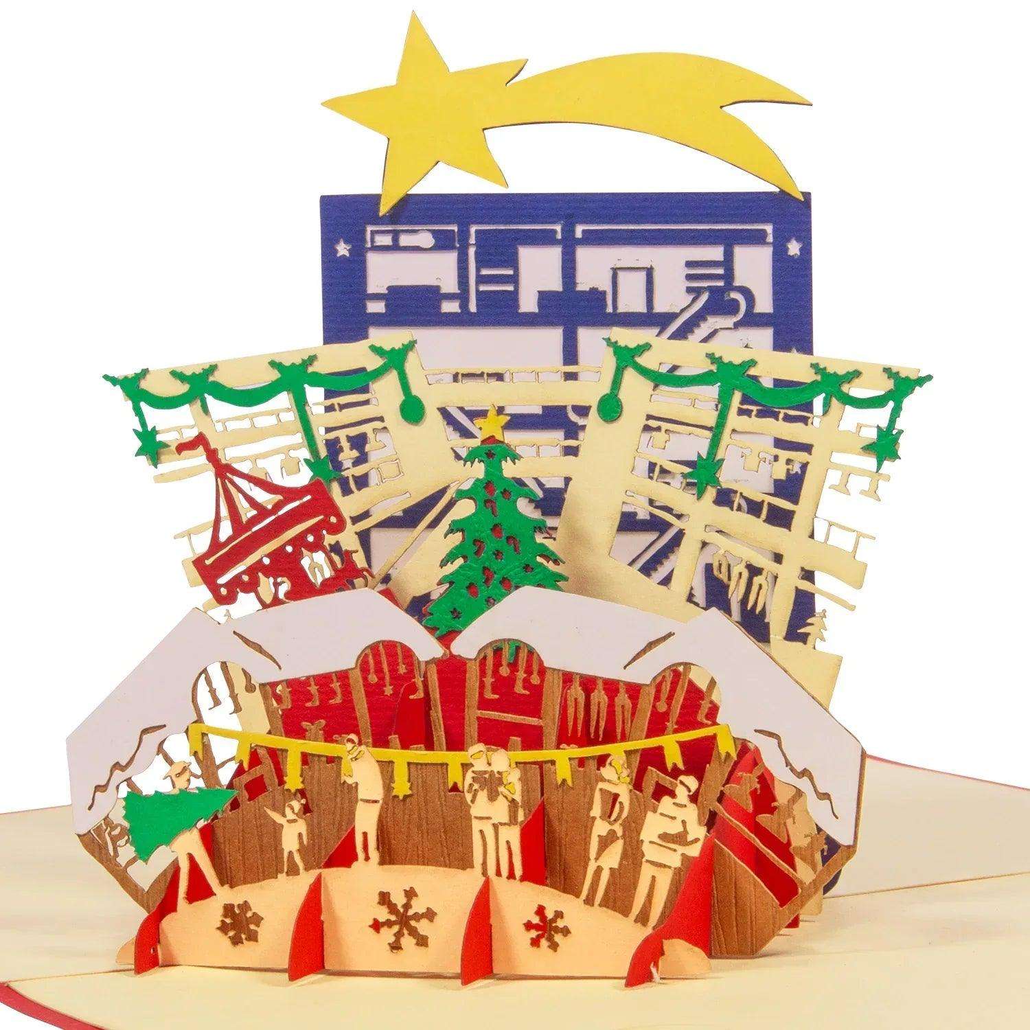 Pop Up Weihnachtskarte 3D - Weihnachtsbaum mit Weihnachtsmarkt & Stern, N463 LINPopUp N463
