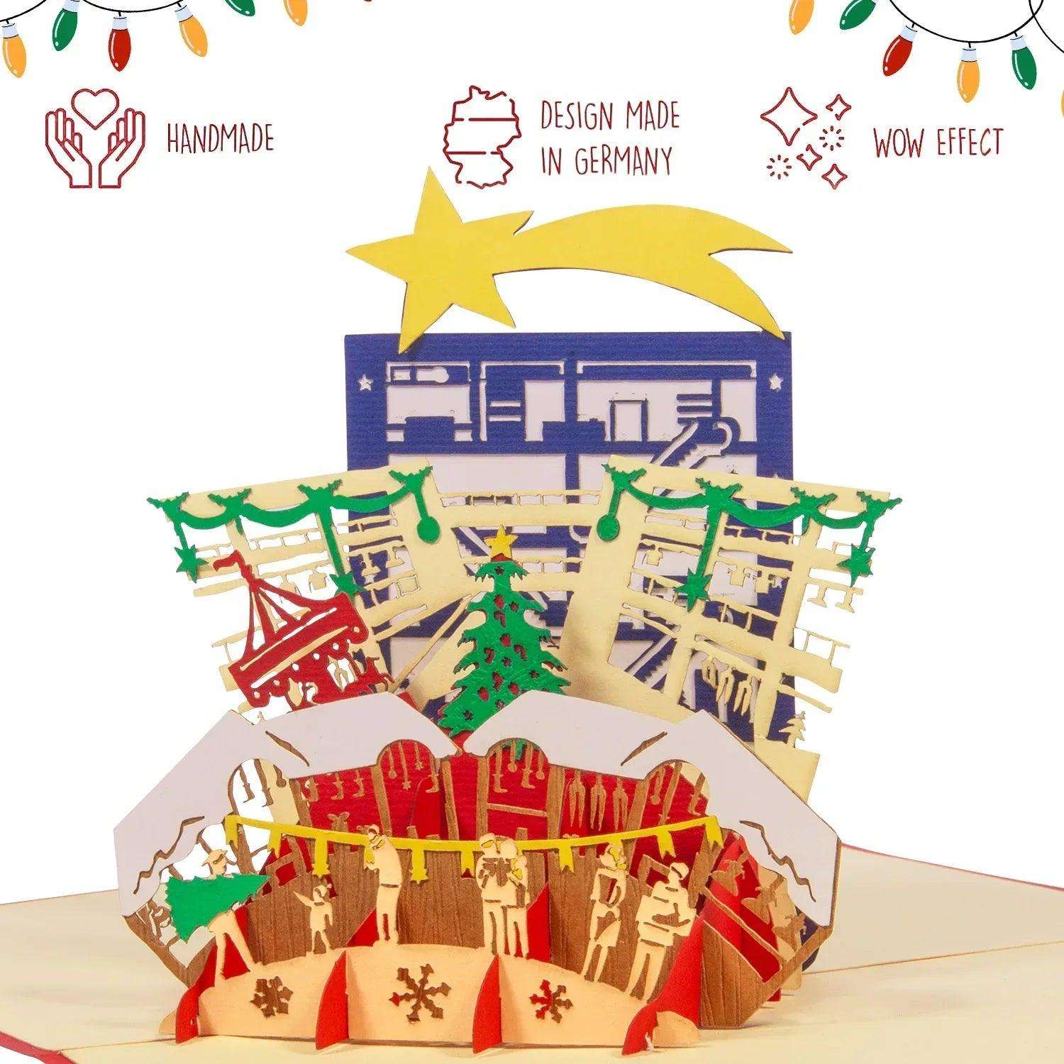 Pop Up Weihnachtskarte 3D - Weihnachtsbaum mit Weihnachtsmarkt & Stern, N463 - LINPopUp