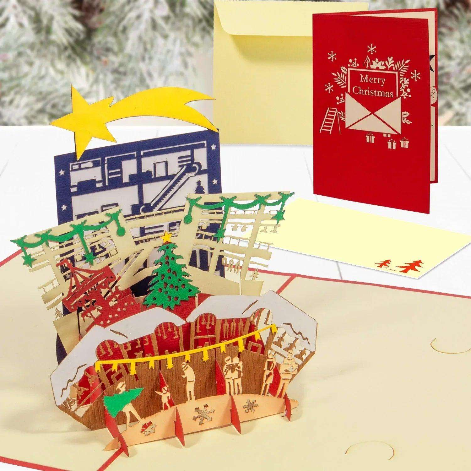Pop Up Weihnachtskarte 3D - Weihnachtsbaum mit Weihnachtsmarkt & Stern, N463 - LINPopUp