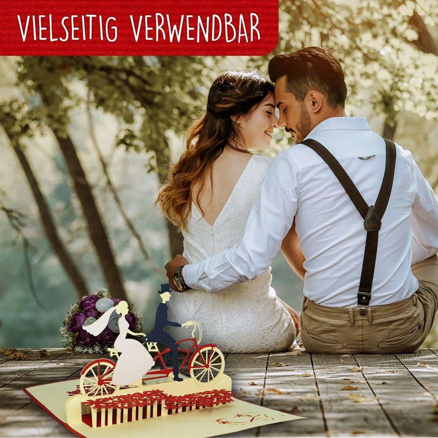 Hochzeitskarte Pop Up 3D - Glückwunschkarte zur Hochzeit, Brautpaar, Fahrrad, N88 - LINPopUp