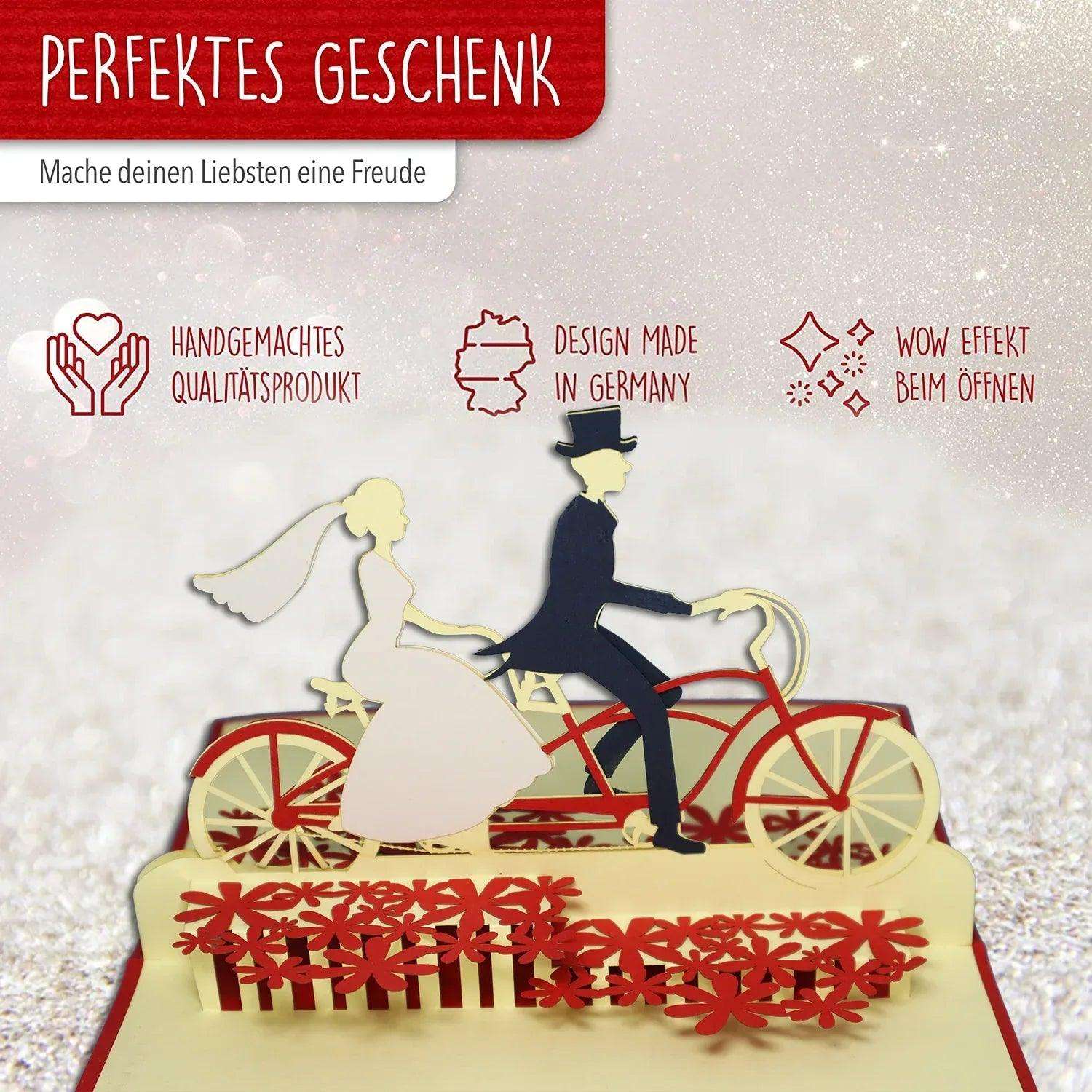 Hochzeitskarte Pop Up 3D - Glückwunschkarte zur Hochzeit, Brautpaar, Fahrrad, N88 LINPopUp N88