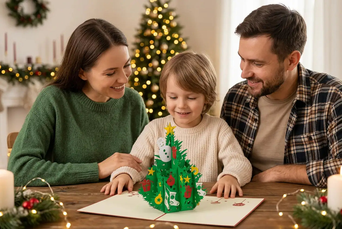 Eltern und Kind betrachten gemeinsam eine geöffnete LINPopUp 3D Pop-Up-Weihnachtskarte mit Weihnachtsbaum an einem festlich dekorierten Tisch.