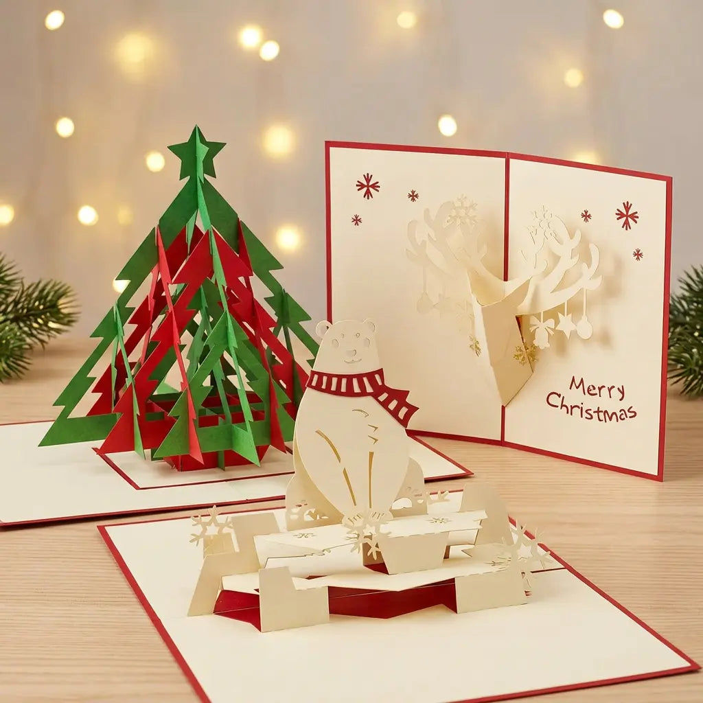 Drei geöffnete LINPopUp Pop-Up-Weihnachtskarten mit Tannenbaum, Eisbär mit rotem Schal und geschmücktem Rentierkopf auf hellem Holz vor warmen Weihnachtslichtern