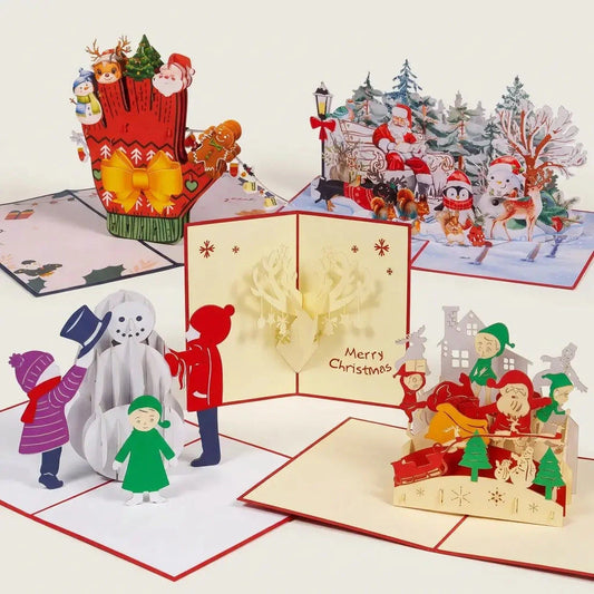 Fünf geöffnete LINPopUp Pop-Up-Weihnachtskarten: Weihnachtshandschuh, Weihnachtsmann im Park, Schneemann mit Kindern, geschmückter Rentierkopf und Nordpol-Szene