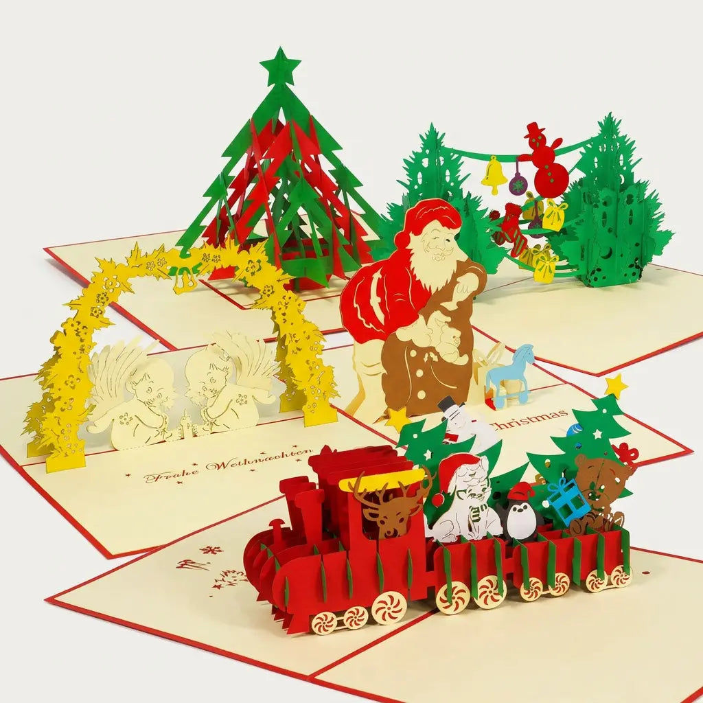 Fünf geöffnete LINPopUp Pop-Up-Weihnachtskarten mit modernem Tannenbaum, Weihnachtszug, Engeln unter einem Mistelbogen, Weihnachtsmann mit Geschenken und zwei geschmückten Weihnachtsbäumen