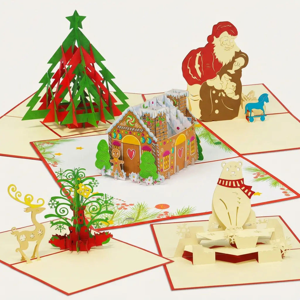 Fünf geöffnete LINPopUp Pop-Up-Weihnachtskarten mit modernem Tannenbaum, Weihnachtsbaum mit Rentier, Weihnachtsmann mit Gabensack, Eisbär und Lebkuchenhaus