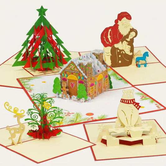 Fünf geöffnete LINPopUp Pop-Up-Weihnachtskarten mit modernem Tannenbaum, Weihnachtsbaum mit Rentier, Weihnachtsmann mit Gabensack, Eisbär und Lebkuchenhaus