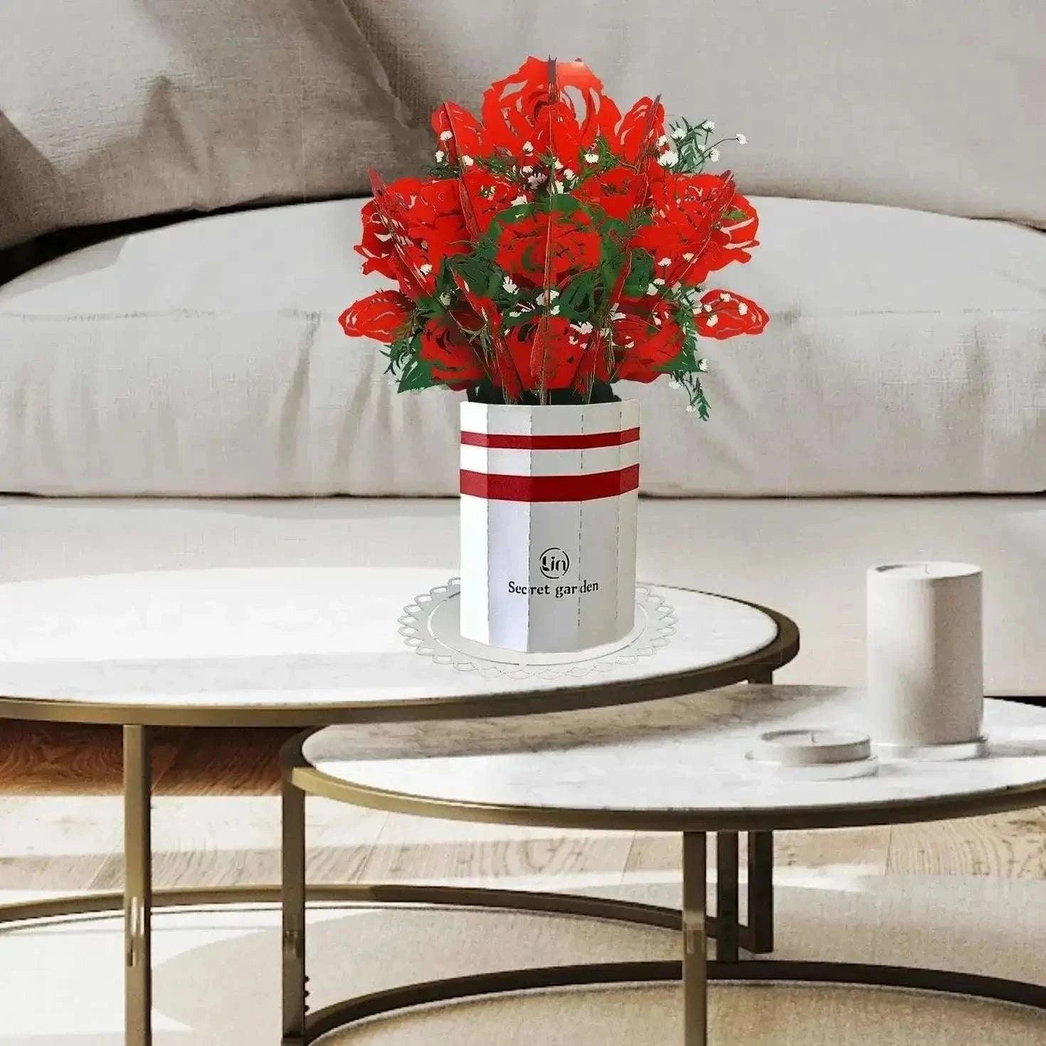 Pop-Up Karte Blumenstrauß - 3D Blumenstrauß mit Vase & Unterteller, N800 - LINPopUp