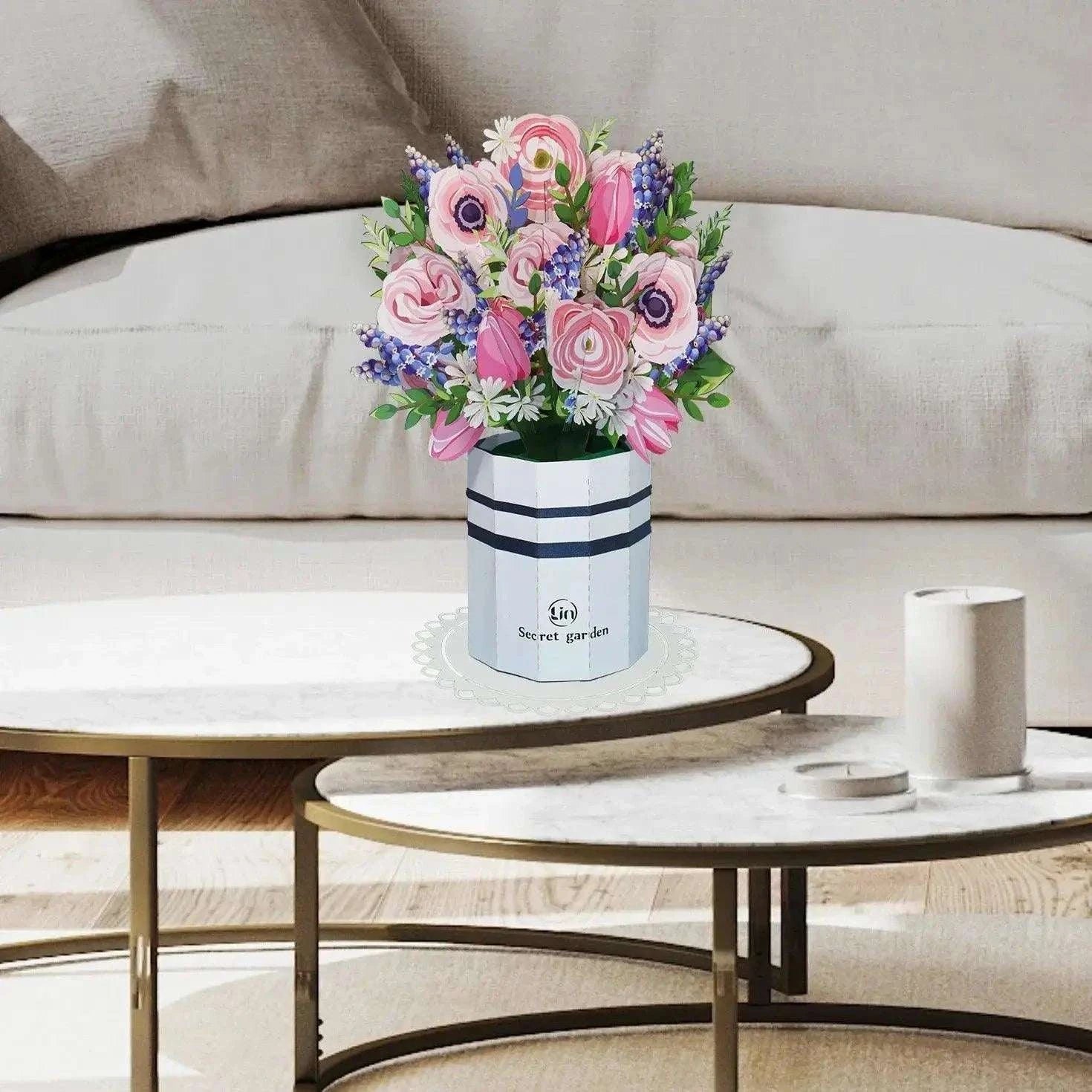 Pop-Up Karte Ranunkeln - 3D Blumenstrauß mit Vase & Unterteller, N801 LINPopUp N801
