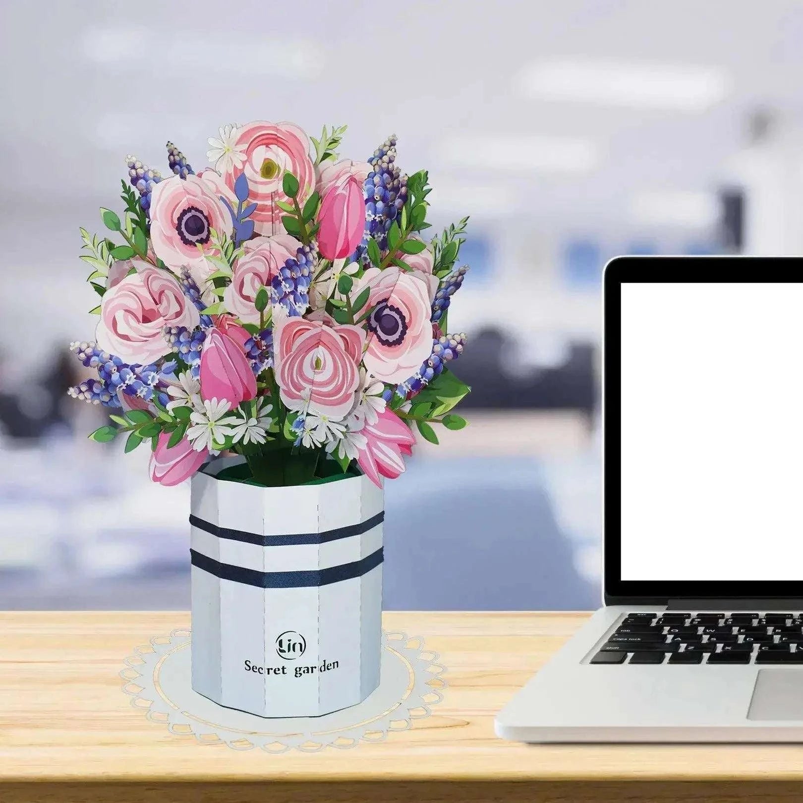 Pop-Up Karte Ranunkeln - 3D Blumenstrauß mit Vase & Unterteller, N801 LINPopUp N801