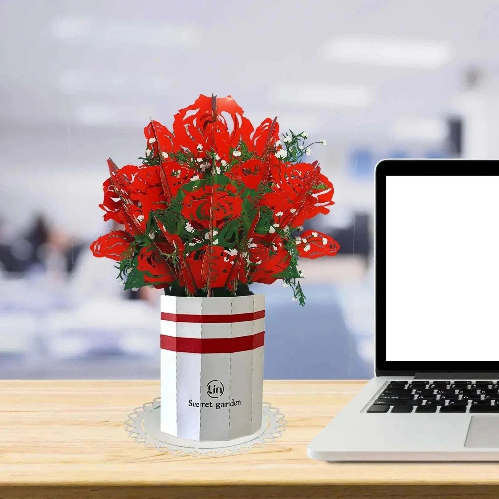 Pop-Up Karte Blumenstrauß - 3D Blumenstrauß mit Vase & Unterteller, N800 - LINPopUp