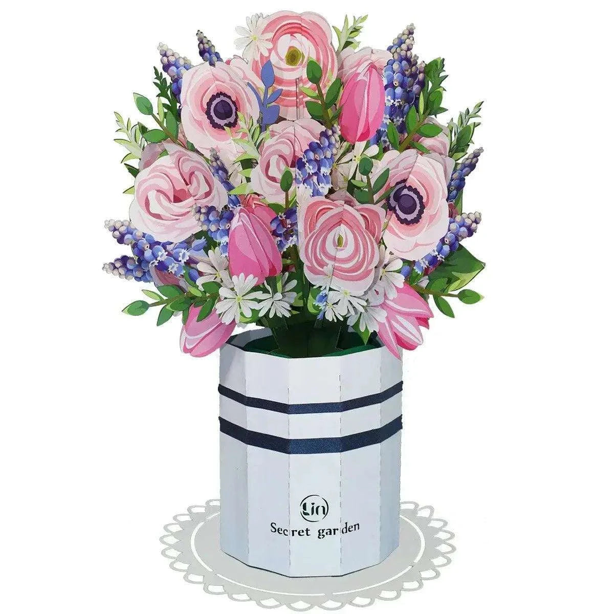 Pop-Up Karte Ranunkeln - 3D Blumenstrauß mit Vase & Unterteller, N801 LINPopUp N801