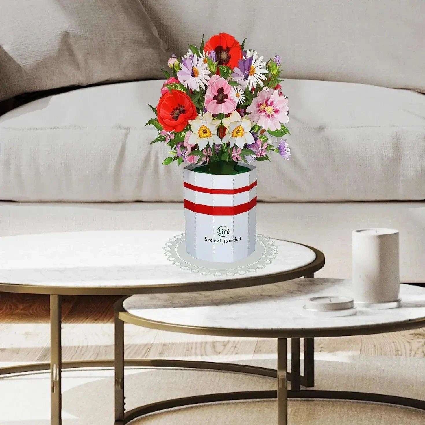 Pop-Up Karte Blumenstrauß - 3D Blumenstrauß mit Vase & Unterteller, N802 LINPopUp N802