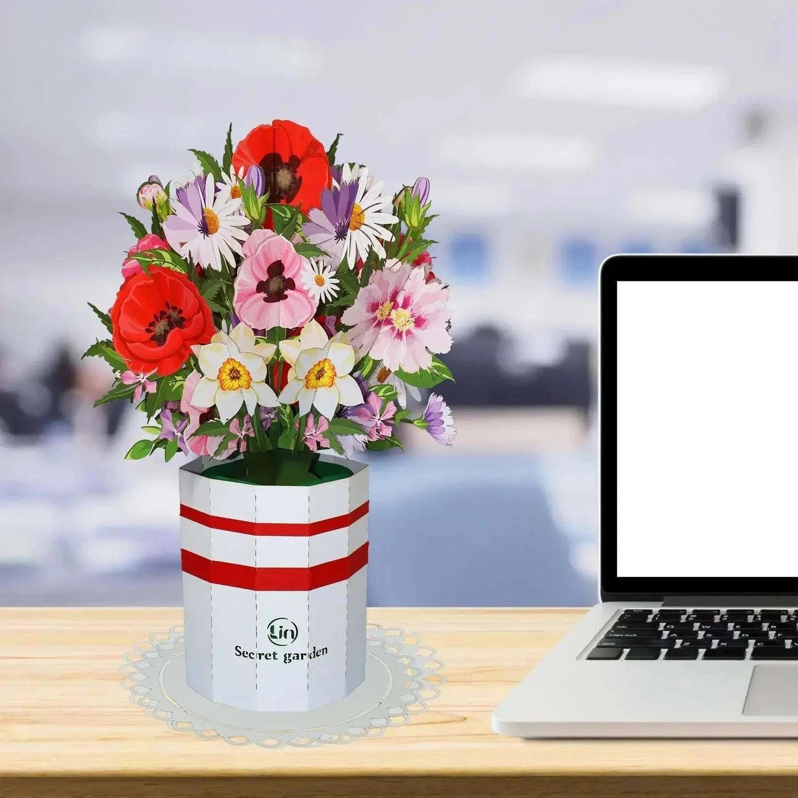 Pop-Up Karte Blumenstrauß - 3D Blumenstrauß mit Vase & Unterteller, N802 LINPopUp N802