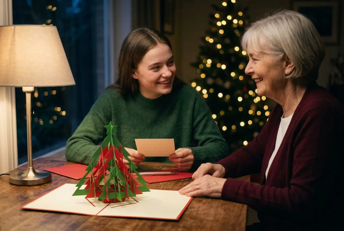 Großmutter und Enkelin freuen sich gemeinsam über eine geöffnete LINPopUp Tannenbaum-Pop-Up-Karte bei warmem Weihnachtslicht