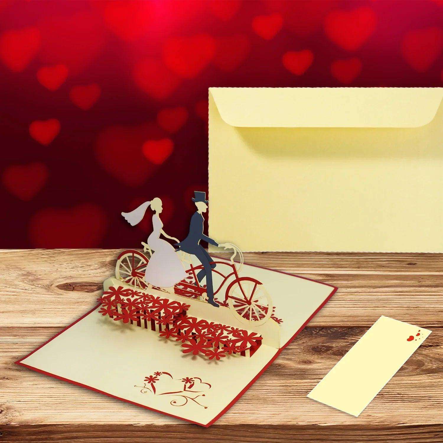 Hochzeitskarte Pop Up 3D - Glückwunschkarte zur Hochzeit, Brautpaar, Fahrrad, N88 LINPopUp N88