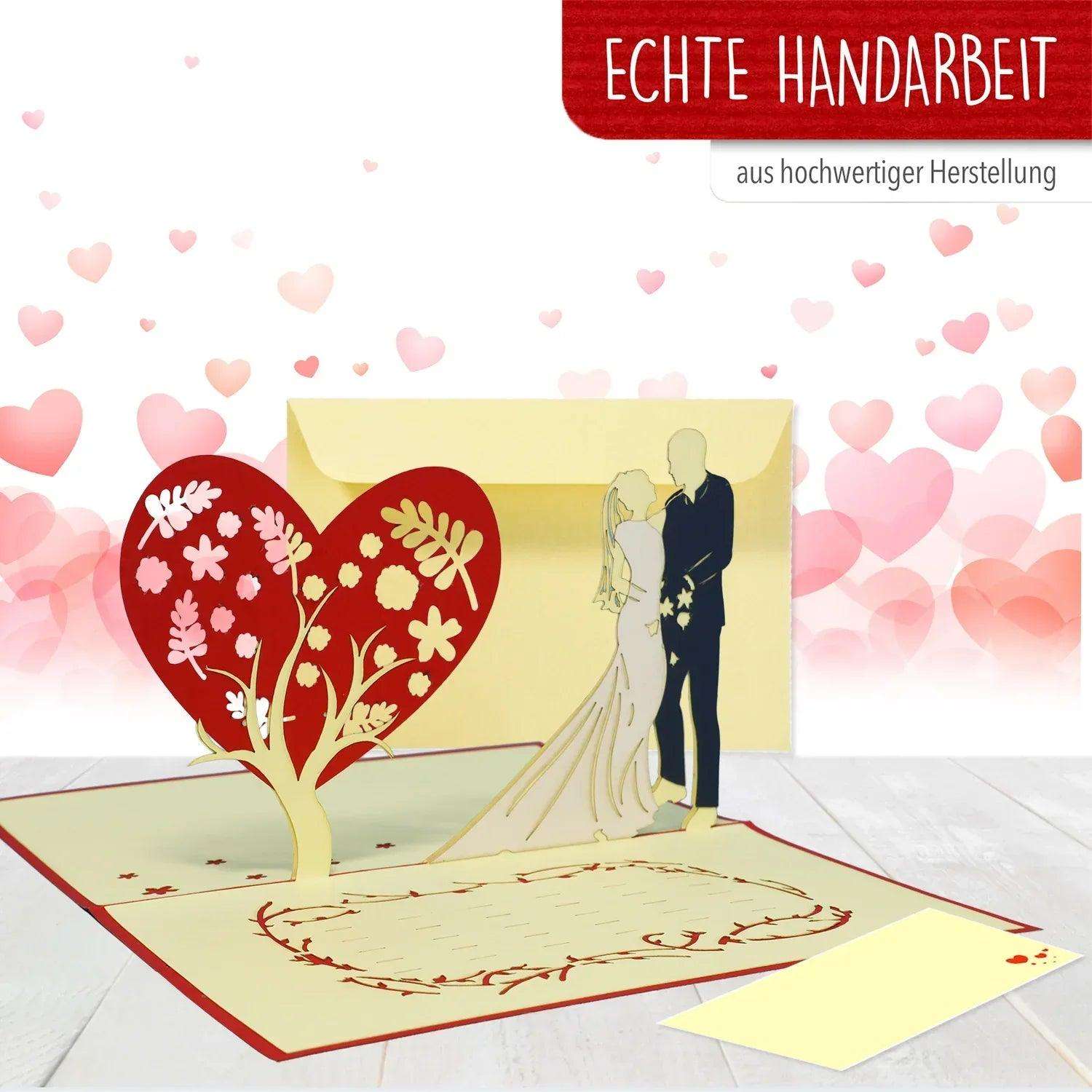 Hochzeitskarte Pop Up 3D - Glückwunschkarte zur Hochzeit, Brautpaar Herzbaum, N312 - LINPopUp