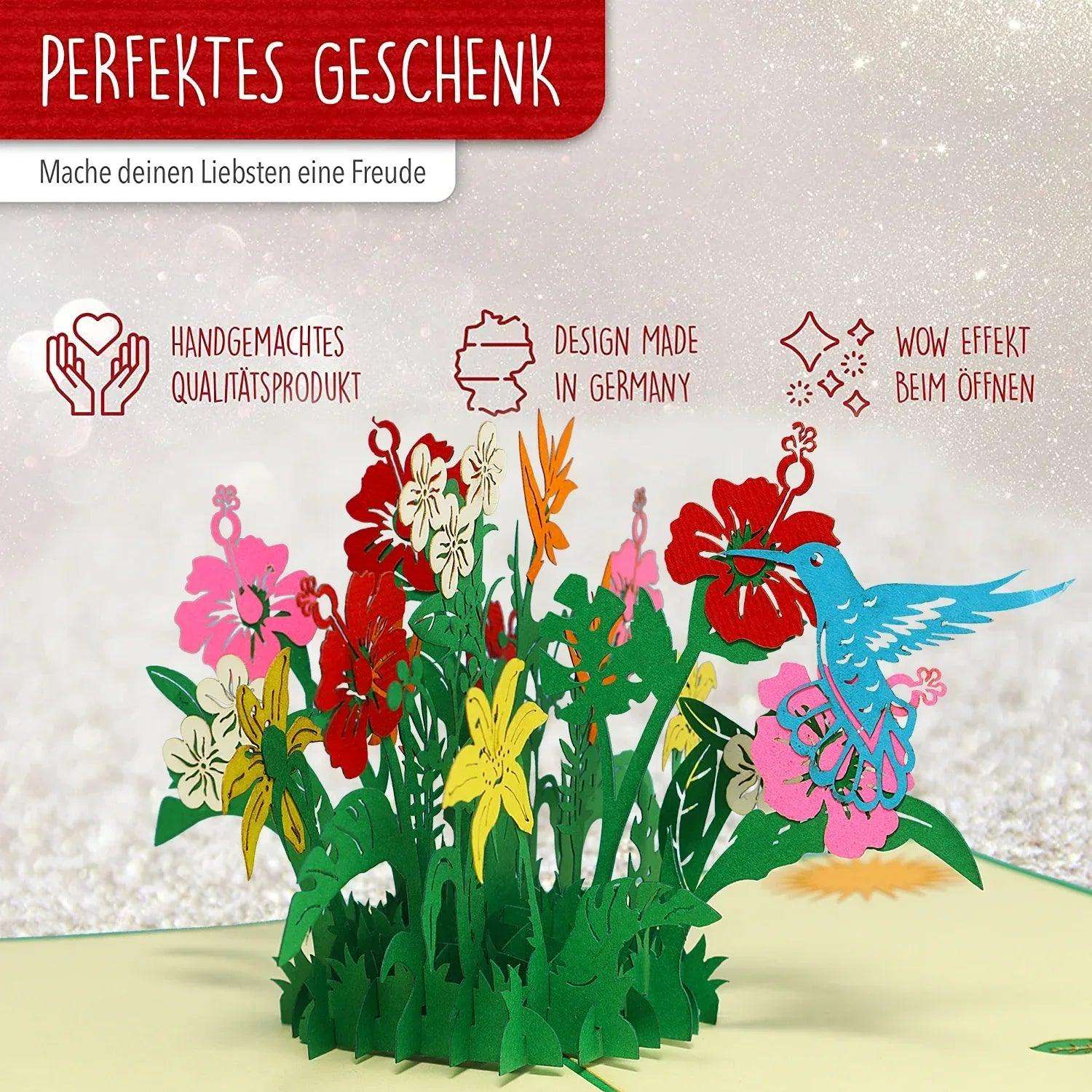 3D Pop-Up Blumenkarte mit Vogel, Hibiskus, Blumen, N375 LINPopUp N375