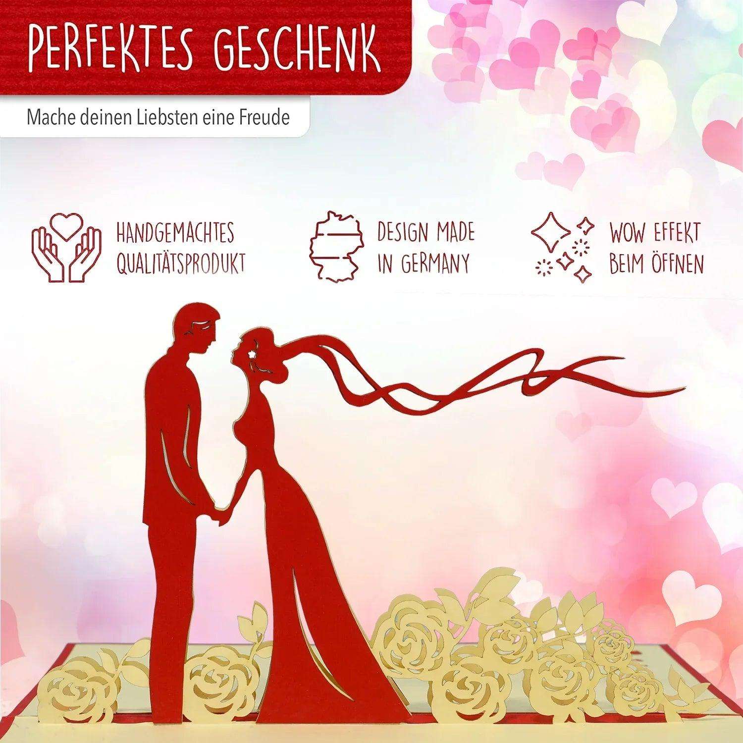 Hochzeitskarte Pop Up 3D - Glückwunschkarte zur Hochzeit, Brautpaar, Blumen, N74 LINPopUp N74