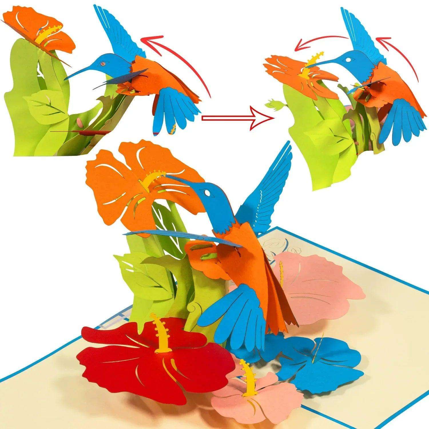 3D Pop-Up Blumenkarte mit Kolibri – Vogel & bunte Blumen, N255 LINPopUp N255