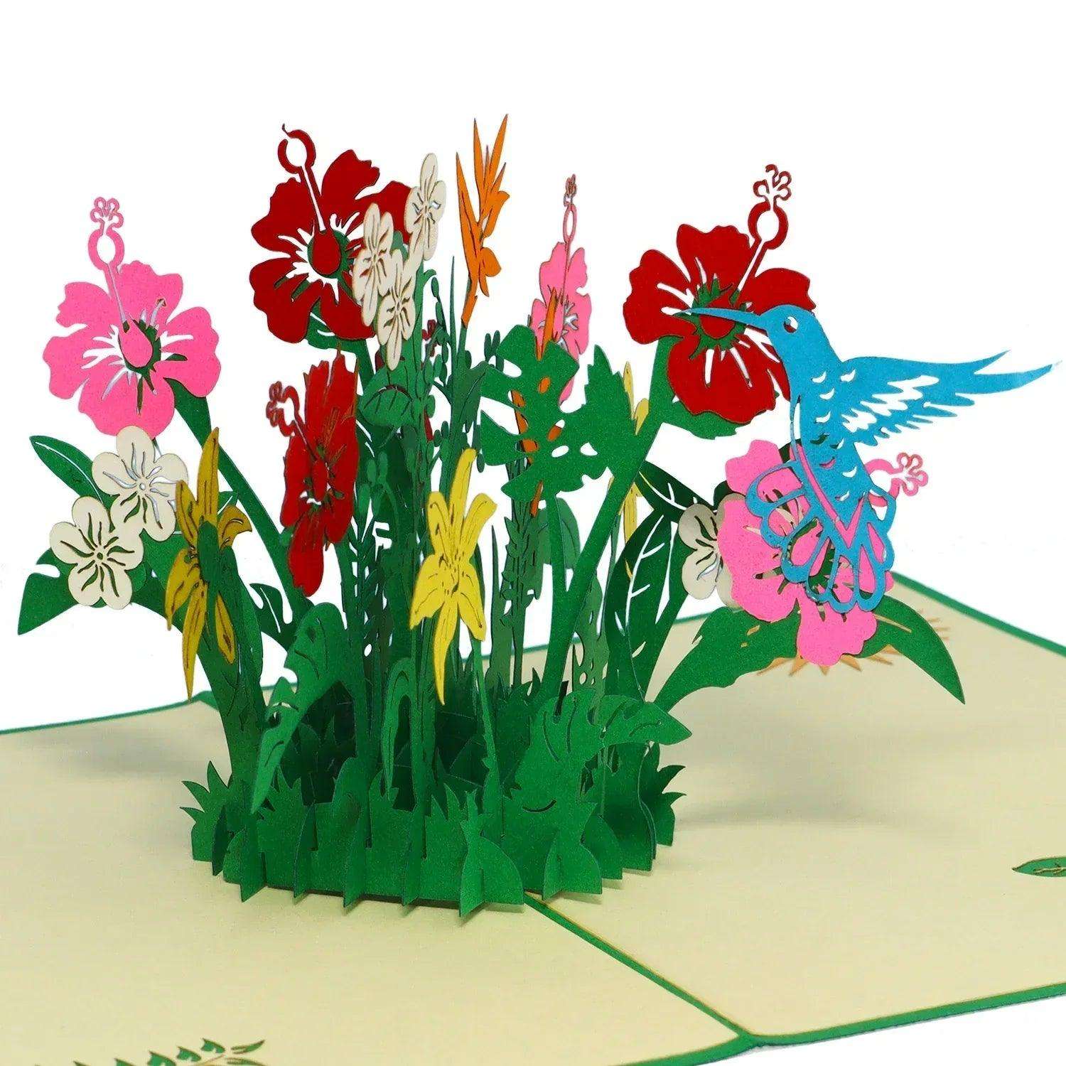 3D Pop-Up Blumenkarte mit Vogel, Hibiskus, Blumen, N375 LINPopUp N375
