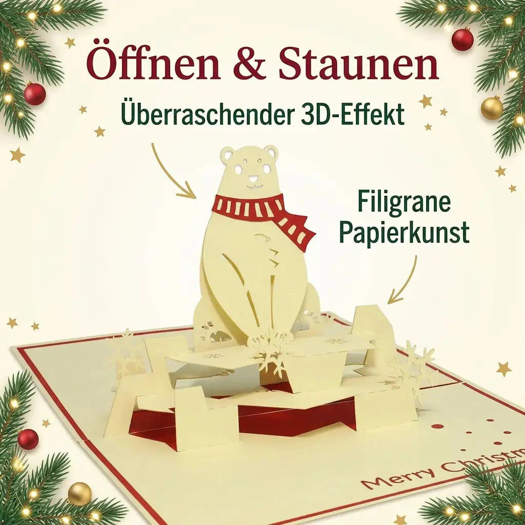 Eisbär-Pop-Up-Weihnachtskarte mit rotem Schal und Papier-Schneelandschaft, ergänzt um Hinweise auf 3D-Effekt und Papierkunst