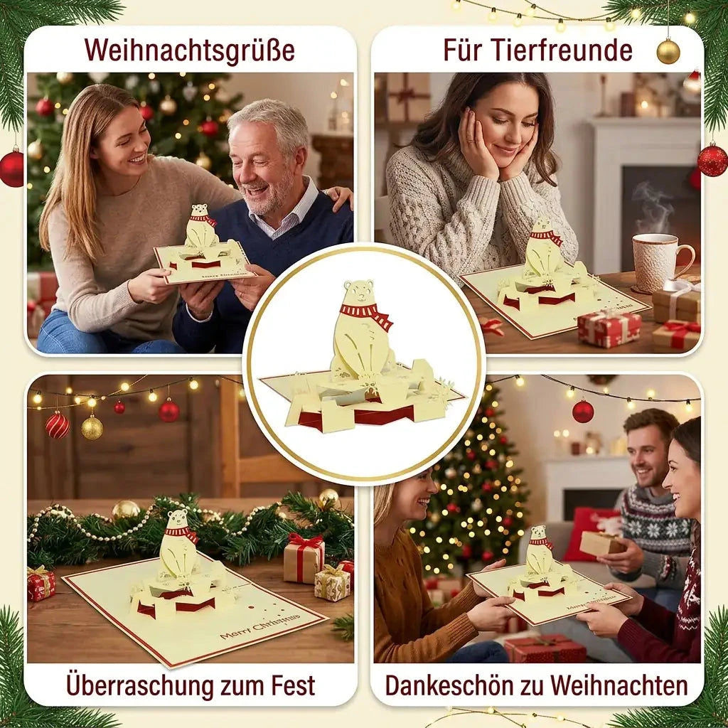 Eisbär-Pop-Up-Weihnachtskarte in vier festlichen Szenen als Weihnachtsgruß, Geschenk für Tierfreunde und Dankeschön