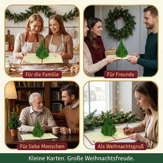 Vier weihnachtliche Alltagsszenen mit der Tannenbaumkarte für Familie, Freunde und liebe Menschen sowie beim Schreiben persönlicher Weihnachtsgrüße.