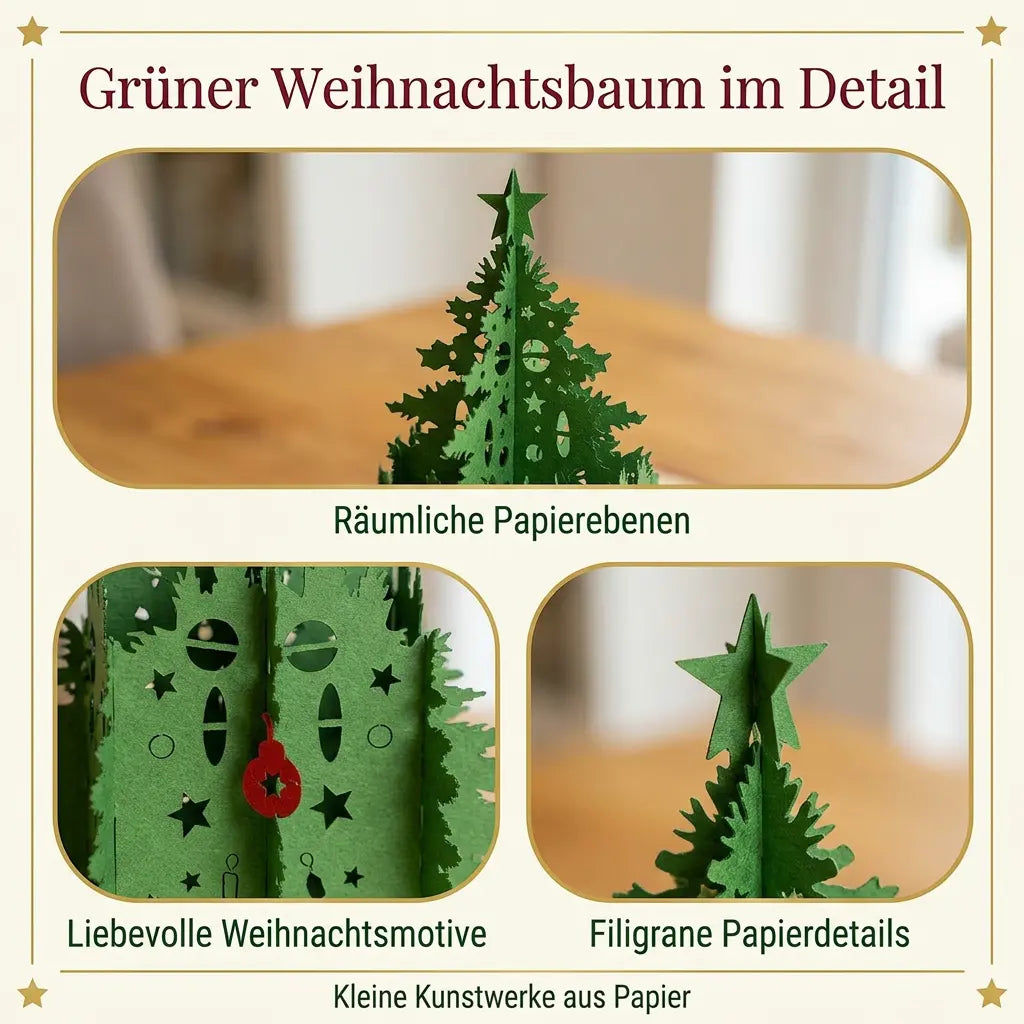 Nahaufnahmen der grünen Papierebenen, ausgeschnittenen Sterne und Ornamente sowie des grünen Sterns an der Baumspitze.
