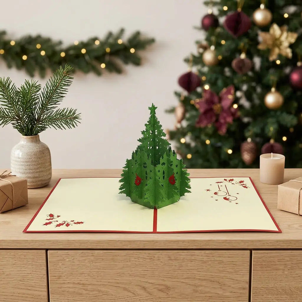 Geöffnete grüne Tannenbaum-Pop-Up-Karte auf einem Eichensideboard mit Tannenzweigen, Kerze und beleuchtetem Weihnachtsbaum im Hintergrund.