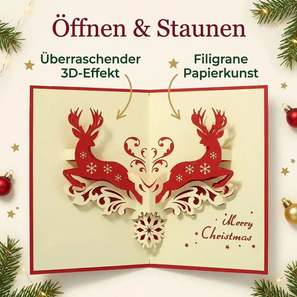 Pop-Up-Weihnachtskarte mit roten Hirschen und cremefarbenen Ornamenten, ergänzt um Hinweise auf 3D-Effekt und Papierkunst