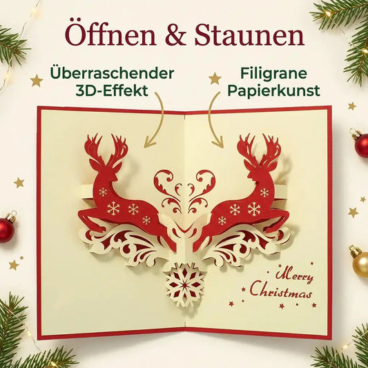 Pop-Up-Weihnachtskarte mit roten Hirschen und cremefarbenen Ornamenten, ergänzt um Hinweise auf 3D-Effekt und Papierkunst