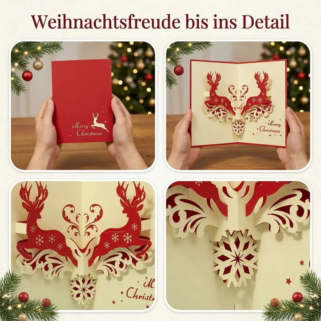 Detail-Collage der Hirsch-Weihnachtskarte mit Cover, offener Karte in Händen und Nahaufnahmen der filigranen Papierornamente