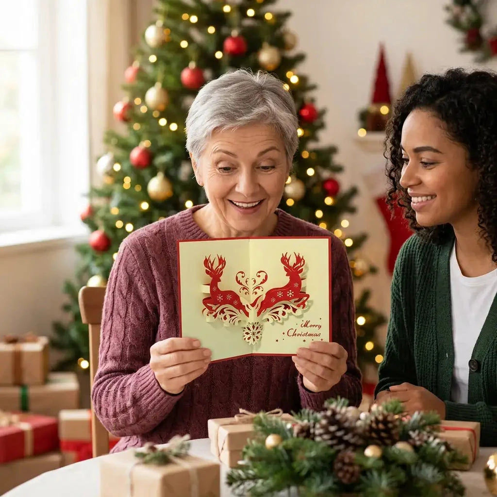 Eine Mutter entdeckt freudig die roten Hirsche und filigranen Papierornamente der geöffneten Weihnachtskarte neben ihrer Tochter