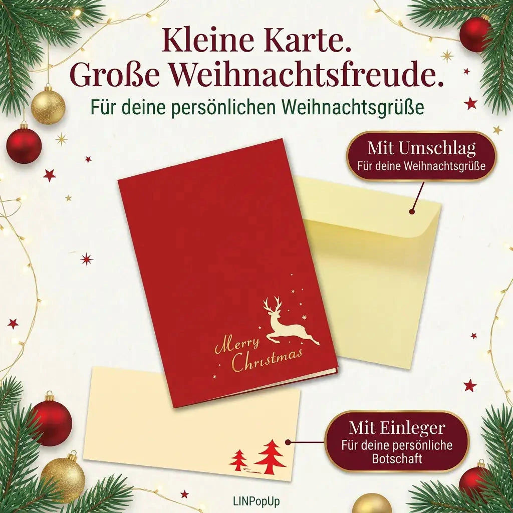 Geschlossene rote Hirsch-Weihnachtskarte mit hellgelbem Umschlag und länglichem Einleger mit zwei roten Tannen