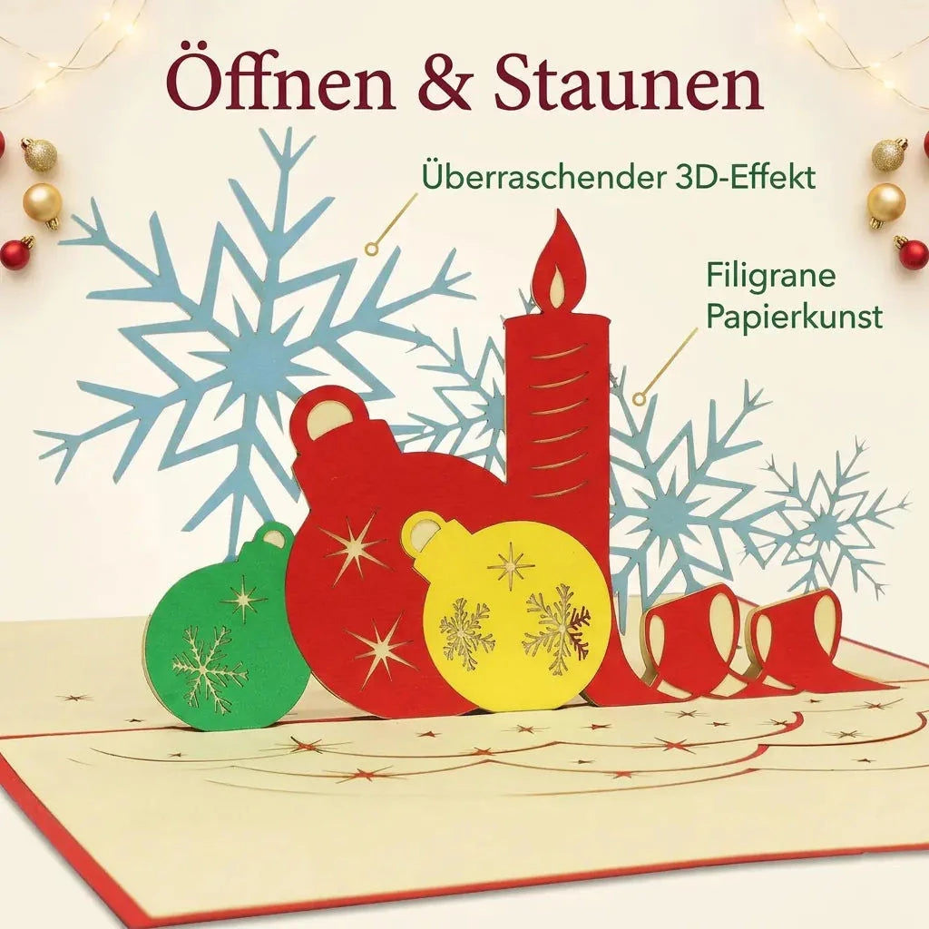 Pop-Up-Weihnachtskarte mit roter Papierkerze, bunten Kugeln und hellblauen Schneeflocken, ergänzt durch Hinweise auf die Papierkunst