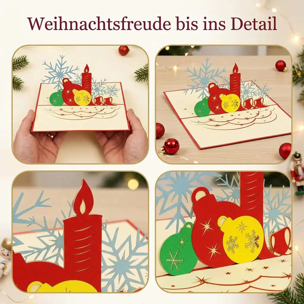 Detail-Collage der Pop-Up-Weihnachtskarte mit Karte in Händen und Nahaufnahmen von Papierkerze, bunten Kugeln und Schneeflocken