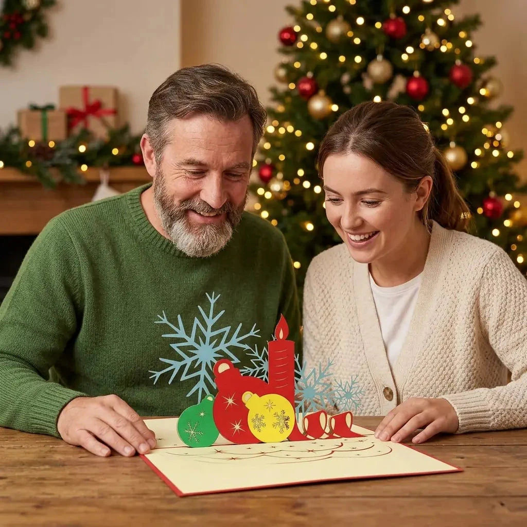 Ein Vater und seine Tochter betrachten freudig die offene Pop-Up-Karte mit Papierkerze und bunten Weihnachtskugeln auf dem Tisch