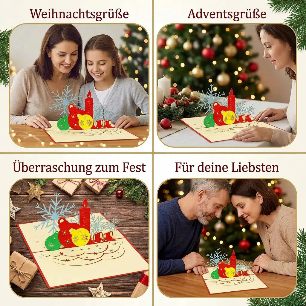 Vier festliche Szenen mit der flach geöffneten Pop-Up-Karte mit roter Papierkerze, bunten Weihnachtskugeln und blauen Schneeflocken